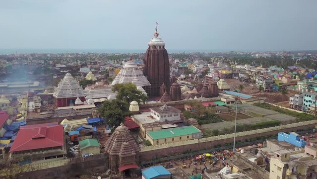 Jagannath Puri ancient temple in India, Odisha, aerial drone view 4k