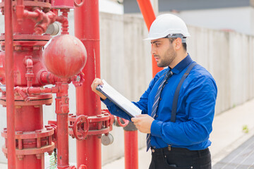 The engineer is inspecting the safety equipment on the fire extinguishing system.The system engineer is checking the pressure and recording it with Clipboard or checking .
