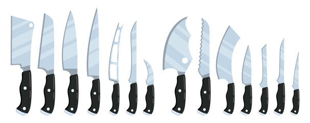 Kitchen knives set vector. Professional kitchen knives for cutting meat, vegetables., Kitchenware for cutting, blade cook for restaurants, cafes.