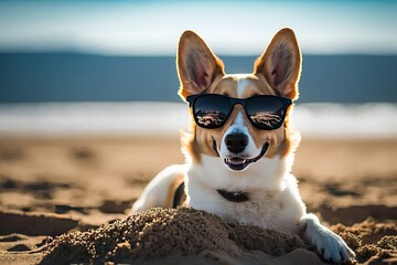 Dog Posing in Sunglasses at the Beach, Stylish Canine (Ai generated)