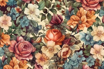 Fototapeta premium Floral vintage background full pattern watercolor (Ai generated)