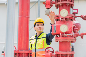 Technician engineer checking controls system for security functions at factory,The engineer is inspecting the safety equipment on the fire extinguishing system.