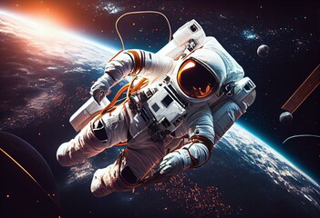 Obraz na płótnie Canvas 3D sci-fi illustration of astronaut floating in space on spacewalk. Generative AI
