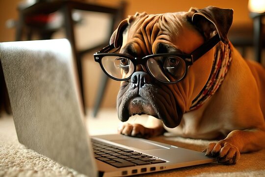 Smart Dog Working on Laptop with Glasses (AI generated)