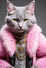 Anthropomorphic cat girl in a pink fur coat. Successful and rich cat portrait. Luxury concept. generative ai