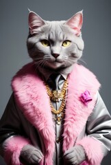 Anthropomorphic cat in stylish clothes and jewelry. Successful and rich cat portrait. Luxury concept. generative ai