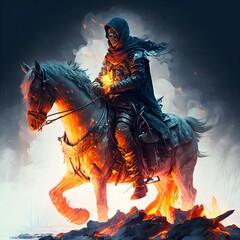 character rider on horseback knight in chorus holding a sword over his head crazy dead horse burning hooves ice age background end of the world winter doom album cover album name rider of the  - obrazy, fototapety, plakaty