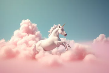 Muurstickers a Write unicorn riding a pink candy cotton cloud © Franziska