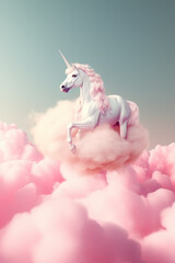 a Write unicorn riding a pink candy cotton cloud