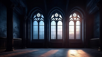 Fototapeta na wymiar Empty dark room in gothic style with large windows