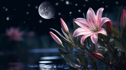 Pink lily in the night forest with moonlight