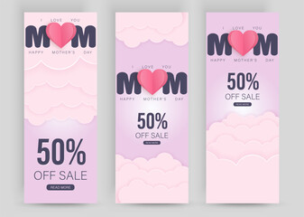 Sale banners set Mother's Day, Women's Day, Spring holiday decoration, shopping card, voucher, gift card, vector fashion poster, lettering, paper cut, origami texture.