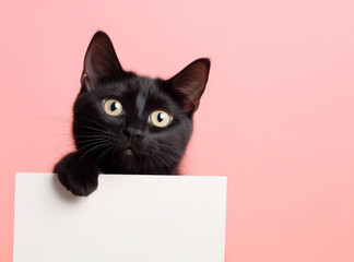 A cute black cat holding blank whiteboard on isolated pink color background, playful and adorable pet, generative ai