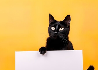 A cute black cat holding blank whiteboard on isolated yellow color background, playful and adorable pet, generative ai