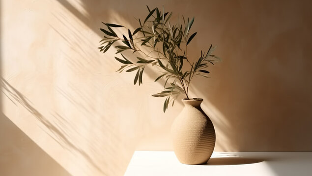 Modern summer minimal of olive tree branch in sunlight with long shadows on beige wall background, copy space interior lifestyle Mediterranean scene, generative ai