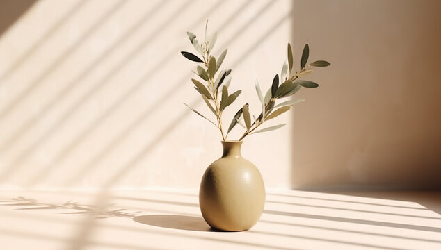 Modern summer minimal of olive tree branch in sunlight with long shadows on beige wall background, copy space interior lifestyle Mediterranean scene, generative ai