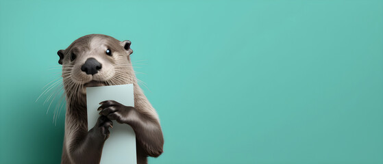 Naklejka premium Otter on isolated Seafoam Green color background created with Generative AI Technology