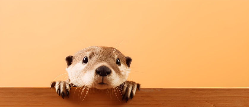 Otter on isolated Peach color background created with Generative AI Technology