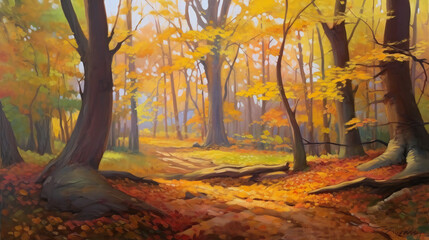 Naklejka na ściany i meble Autumn forest with fallen leaves, Digital painting of autumn forest, Generative AI