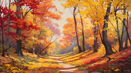 Fototapeta na wymiar Autumn landscape with colorful trees in the forest, Digital painting, Generative AI