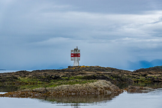 a small costal navigation marker on an island in the chonos archipelago patagonia, aysen region, chile