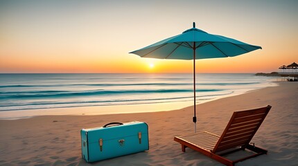 Suitcase, umbrella and sun lounger on the beach against the background of the sea. Illustration for vacation and travel advertising. AI generative.