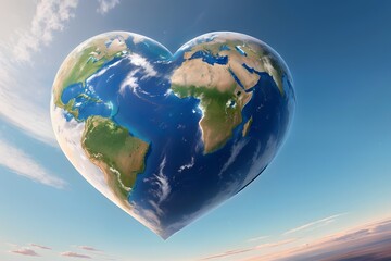 A heart-shaped globe flying in the sky against a background of clouds. A concept for Earth Day, ecology, care for the environment. AI generative.