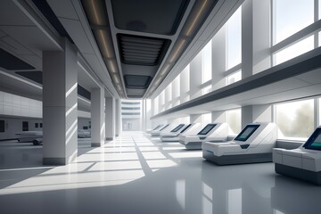 Obraz premium Interior of a sci-fi futuristic medical center. Ai generative.