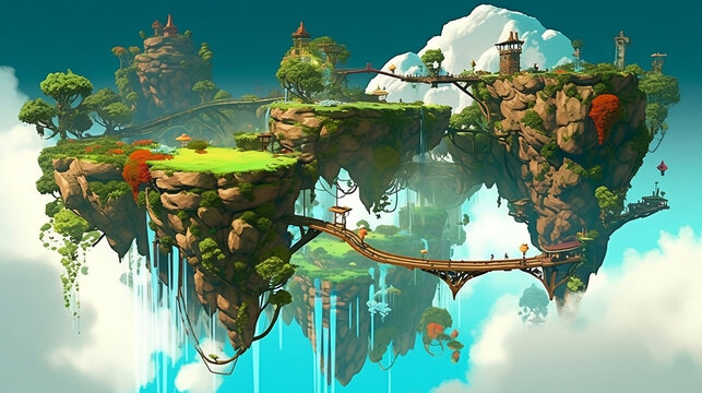 Floating Islands: a landscape with a series of floating islands that are connected by bridges or vines. Each island can have its own unique ecosystem, with waterfalls, trees, and creatures liv