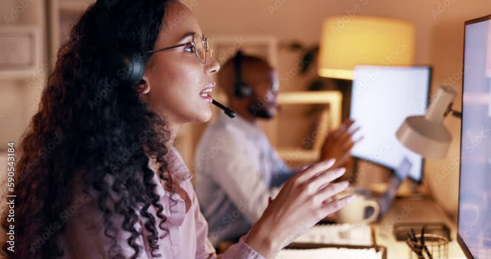 Poster telemarketing, crm business and woman working on customer support and consulting at night. office, e