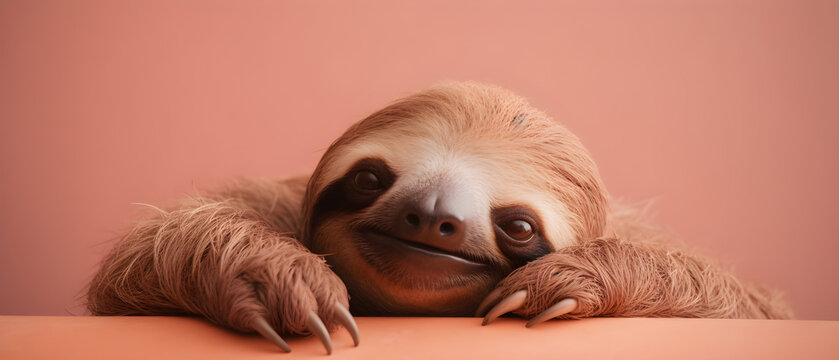 Sloth on isolated Soft Coral color background created with Generative AI Technology