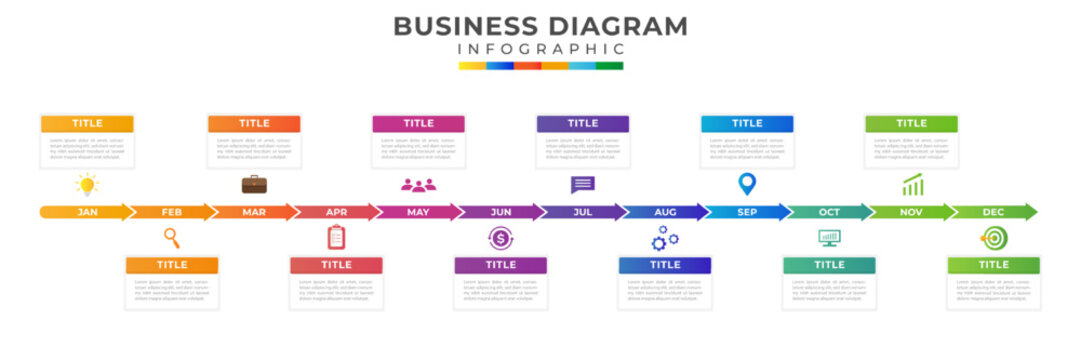 12 Months Timeline diagram calendar with modern icons, presentation vector infographic. Infographic template for business.