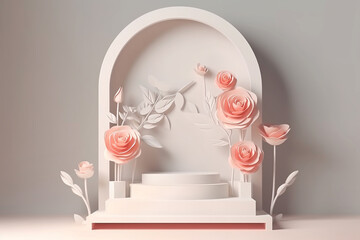AI generated romantic podium with roses for product display in paper art style. Generative AI.