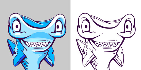 Vector cartoon character funny toothy hammerhead shark.