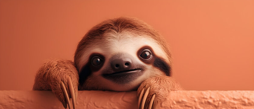 Sloth on isolated Soft Coral color background created with Generative AI Technology
