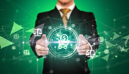 Businessman holdig business icons concept