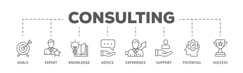 Consulting banner web icon vector illustration concept for business consultation with an icon of goals, expert, knowledge, advice, experience, support, potential, and success
