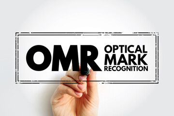 OMR Optical Mark Recognition - process of reading information that people mark on surveys, tests and other paper documents, acronym text stamp concept background