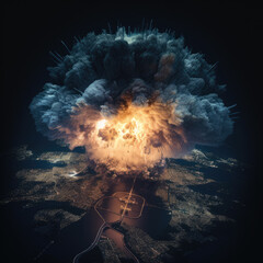 A nuclear fusion bomb explodes over the city in a powerful explosion, launching a nuclear cloud. Generative Ai