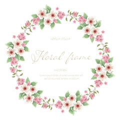 Vintage flat style cute flowers wreath floral wallpaper template background bouquet. Botanical flower and leaf branch for printing, greeting wedding anniversary. Vector invitation card concept. EPS 