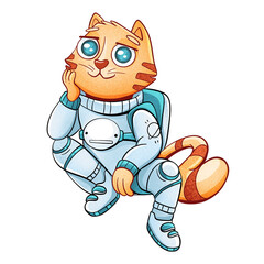 Astronaut cat character illustration in cartoon comic style.