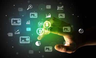 Businessman finger touching on screen multimedia interface with hand drawn currency icons