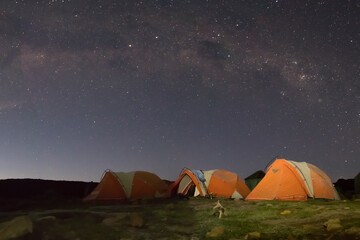 Orange tents illuminated before Mount Kilimanjaro and bright Milky Way