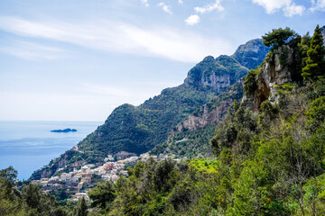 Fototapeta na wymiar View over the rocky landscape around the town of Positano on Italy's Amalfi Coast.