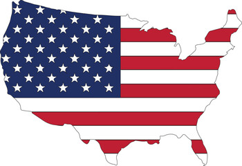 USA map flag . Map of the USA with the national flag of United States of America isolated on white background. Vector illustration.