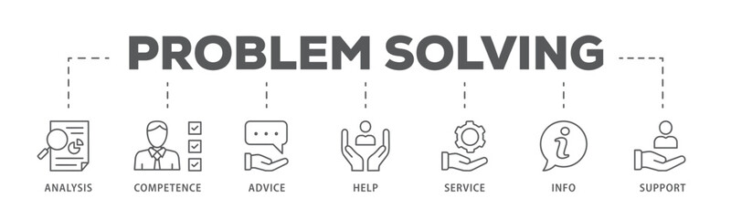 Problem solving banner web icon vector illustration concept with icon of analysis, competence, advice, help, service, info, and support
