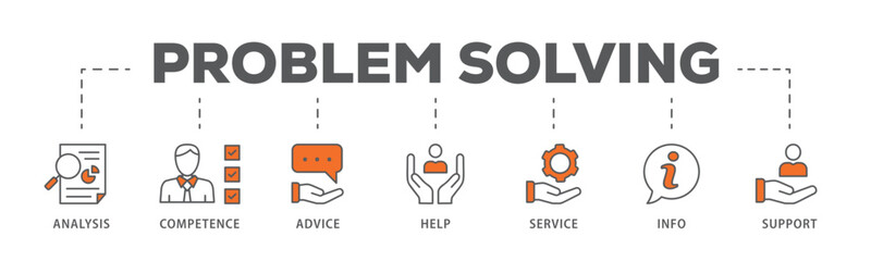 Problem solving banner web icon vector illustration concept with icon of analysis, competence, advice, help, service, info, and support
