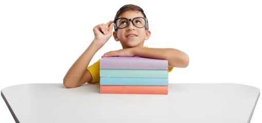 Beautiful cute little child with eyeglasses looking at the illustrations