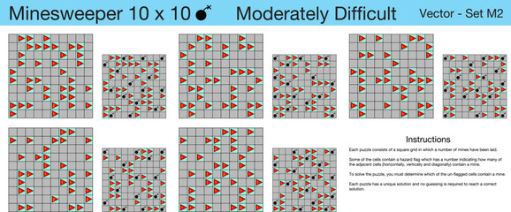 5 Moderately Difficult Minesweeper 10 x 10 Puzzles. A set of scalable puzzles for kids and adults and ready for web use, or to be compiled into a standard or large print activity book.