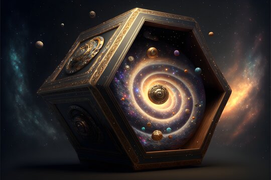 treasure chest with sacred geometry patterns spiral cosmos supernova planets floating around Milky Way high graphic details mystical TJB Hyper realistic 8k v 4 